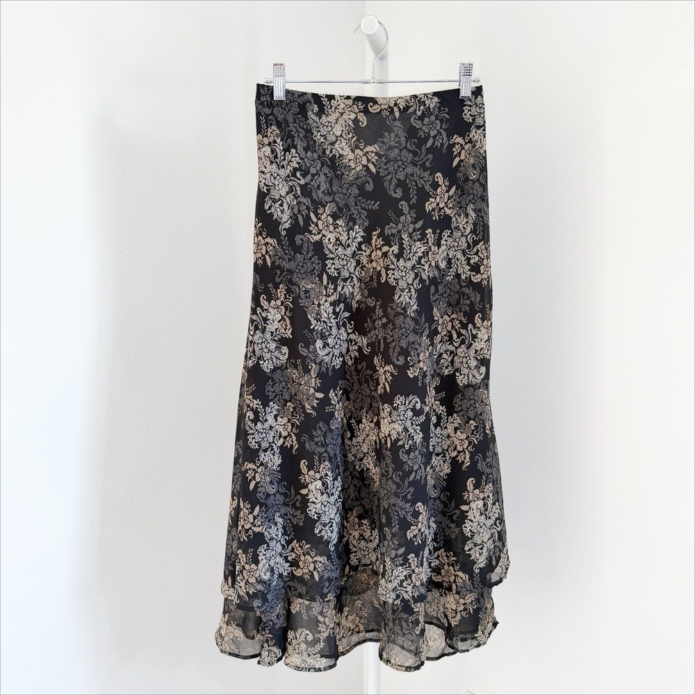 VTG White Stag Maxi Skirt Size Small Black Floral Tiered Whimsigoth Fairy Grunge